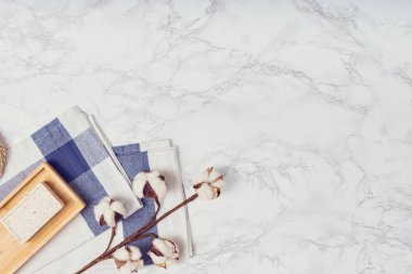Beyaz arka planda vücut bakımı ya da banyo ürünleri. Üst görünüm 
