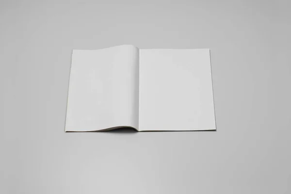 Revista simulada, periódico o catálogo sobre fondo gris. Página en blanco —  Fotos de Stock