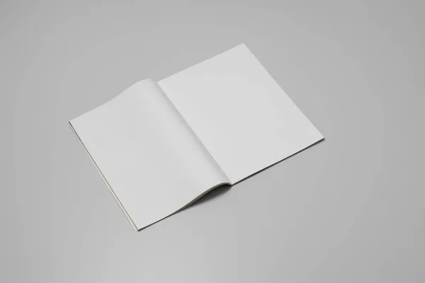 Mock-up magazine, krant of catalogus op grijze achtergrond. Blanco bladzijde — Stockfoto