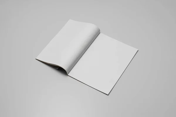 Mock-up magazine, krant of catalogus op grijze achtergrond. Blanco bladzijde — Stockfoto