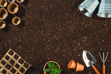 Toprak dokusu arkaplan görünümünde bahçe araçları.