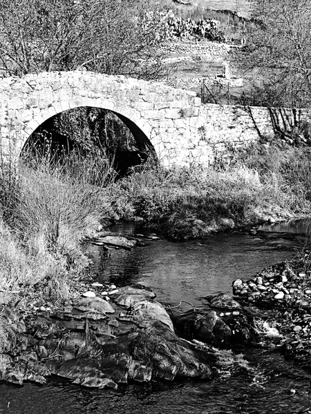 Puente sobre un río de montaña en blanco y negro — Foto de Stock