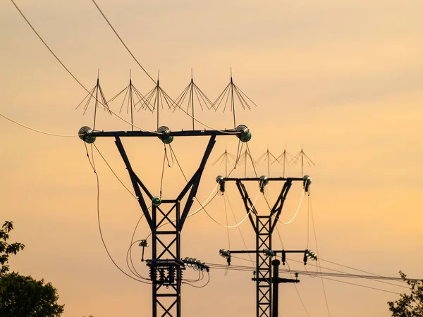 Torre de electricidad al atardecer en el campo con árboles en España — Foto de Stock