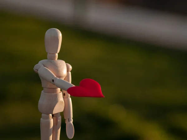 Træ mannequin med et rødt hjerte på hænderne Begrebet romantik og kærlighed - Stock-foto