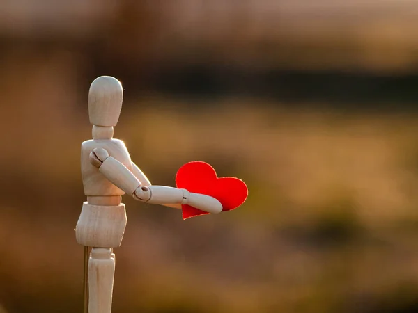 Hölzerne Schaufensterpuppe mit einem roten Herz auf den Händen Konzept der Romantik und Liebe — Stockfoto