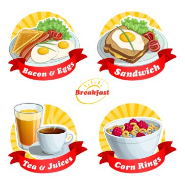 Etiketleri bir kırmızı kurdele ile. Yemek kahvaltı klasik kahvaltı için bir dizi.