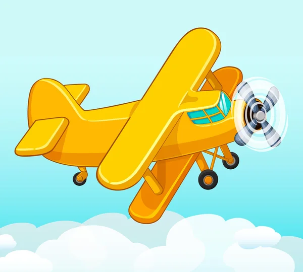 Avião dos desenhos animados voando no céu com nuvens . —  Vetores de Stock