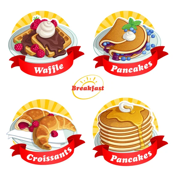 Labels with a red ribbon. A set of food for breakfast Classical breakfast. — Stock Vector