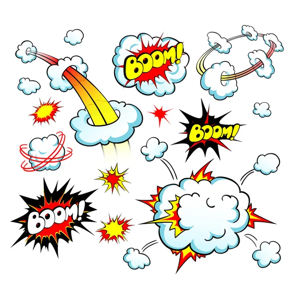 Set of comic explosion of bubbles. Colored text. — Stock Vector