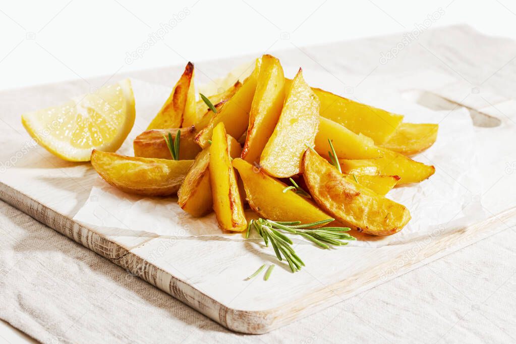 Homemade baked potato fries with rosemary on white wooden board