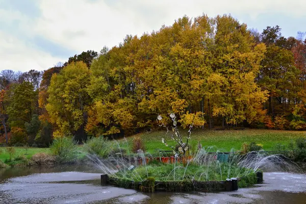 Fuente natural con un árbol decorado en la isla en medio de la piscina con bosque de otoño en el fondo — Foto de Stock