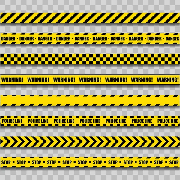 Línea de advertencia policial. Cinta de construcción de barricada amarilla y negra sobre fondo transparente. Ilustración vectorial. EPS 10 — Vector de stock