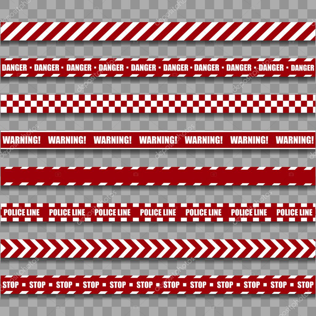 Police Warning Line. Red And White Barricade Construction Tape On Transparent Background. Vector illustration. EPS 10