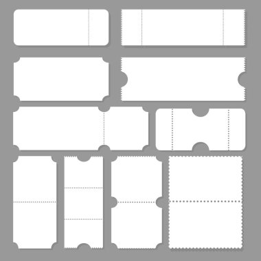 Boş bilet şablonu. Festival konser biletleri, beyaz kağıt kupon düzeni ve sinema bir sayfayı kabul ediyor. Etkinlik, tiyatro ya da piyango biletleri izole vektör sembolleri modeli. Eps 10