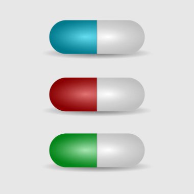 Haplar. Tıbbi kapsüller. Eczane ağrı kesicileri, vitaminler. Beyaz arkaplandaki izole nesneler. Eps 10