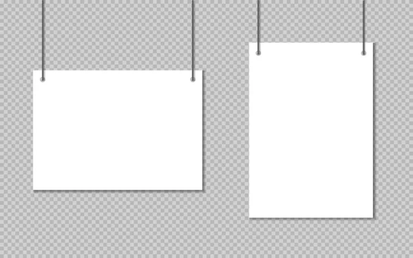 Cartaz de papel A4 branco realista vetorial em branco pendurado em uma corda com clipe - vetor de estoque. EPS 10 —  Vetores de Stock