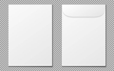 Zarf a4. Dikey belge için kağıt beyaz mektup zarfları. Şeffaf arkaplanda vektör modeli izole edildi. Zarf ofis modeli, kağıt mektup illüstrasyonu. Eps 10