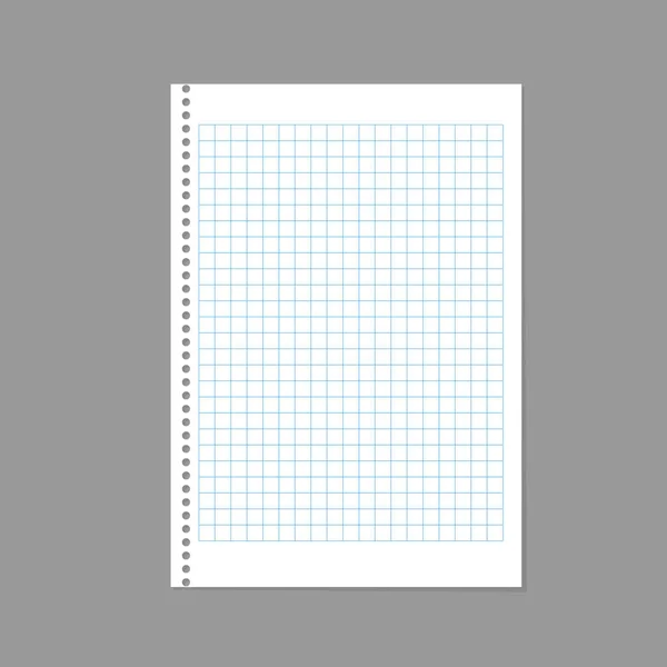 Hoja realista de papel blanco en la jaula con sombra aislada sobre un fondo gris. Hoja de cuaderno. Ilustración vectorial. EPS 10 — Vector de stock