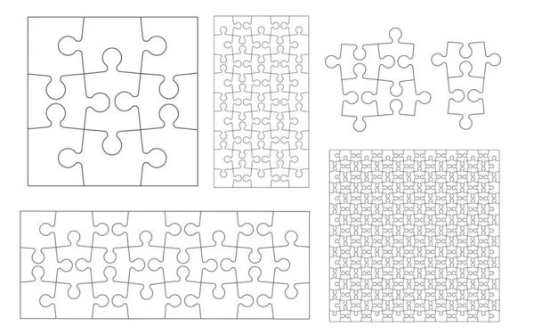 Set of black and white puzzle pieces. Has different sizes namely 2 ,4, 9, 24, 45, 256 pieces. Line mackup - stock vector. — 스톡 벡터