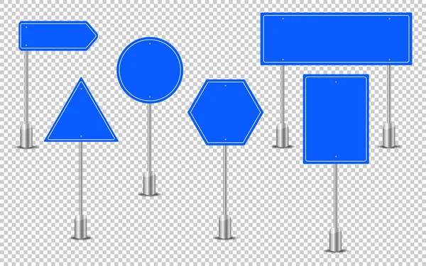 Blue traffic signs. Road board text panel, mockup signage direction highway city signpost location street arrow way vector set. — 스톡 벡터
