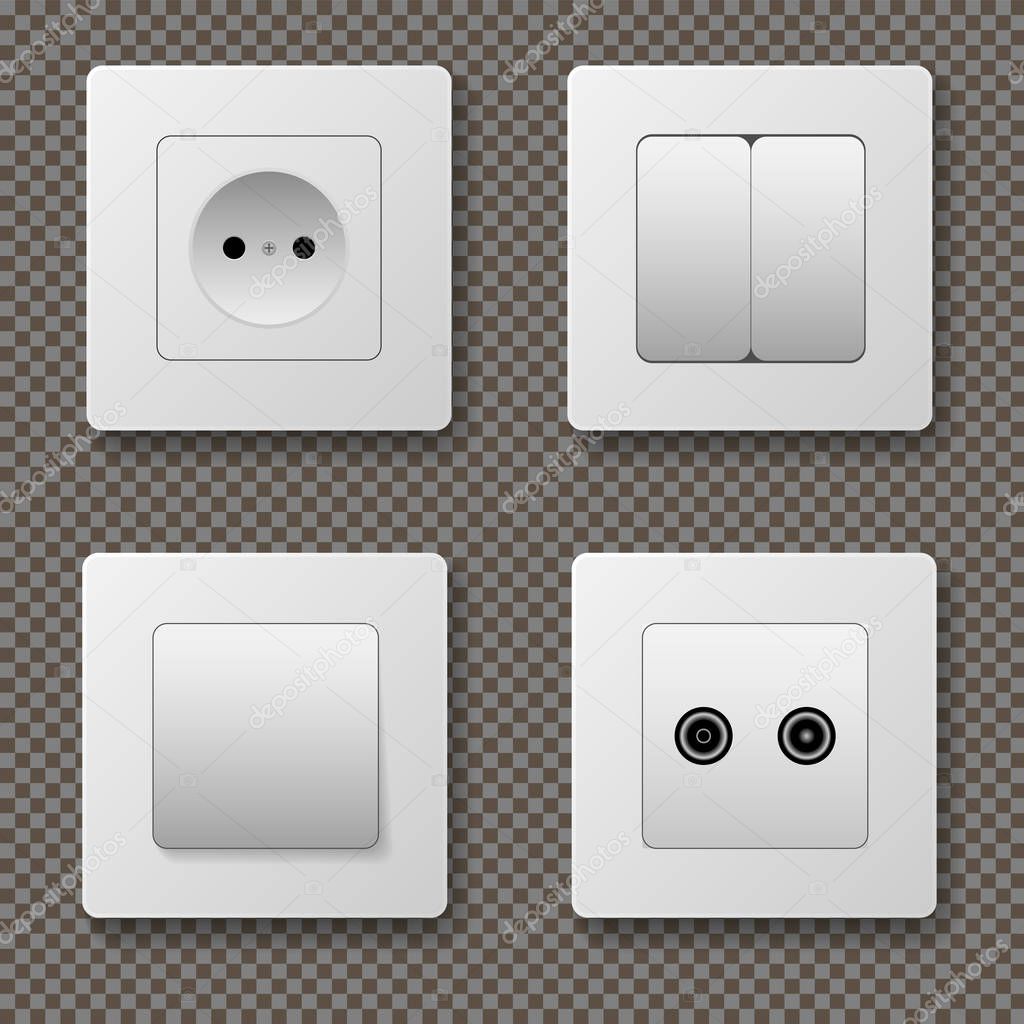 Wall switch. Power electrical socket electricity turn of and on plug vector realistic pictures. Electrical plug electric, power electricity sockets illustration.