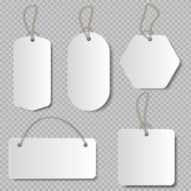 Gerçekçi fiyat etiketi. Karton etiket, kağıt satış etiketleri mockup boş etiketler şablon alışveriş hediye halatlar etiketler vektör seti ile boş çıkartmalar.