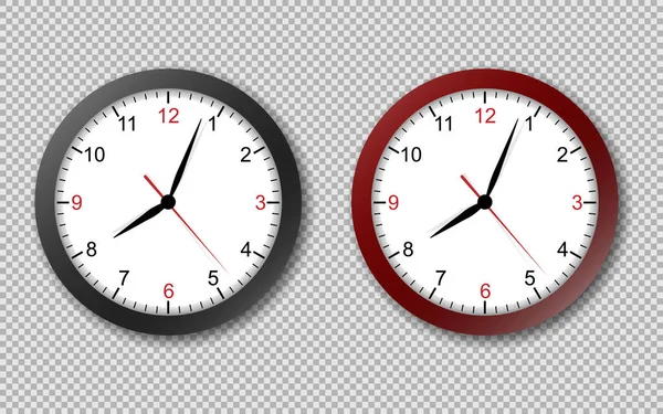 Realistyczny zegar biurowy. Zegarki okrągłe ścienne ze strzałkami czasu i twarzą zegara odizolowany wektor 3d czarny i czerwony zegary na tle przejrzystości. — Wektor stockowy