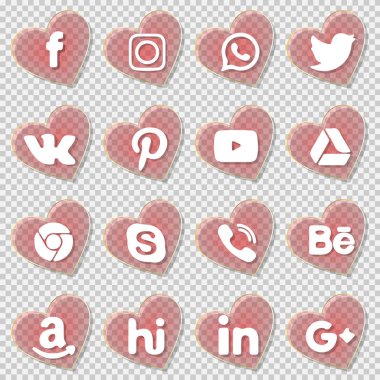 Cam kalp üzerindeki sosyal ağ simgeleri, şeffaf arkaplan üzerindeki izole vektör nesneleri.