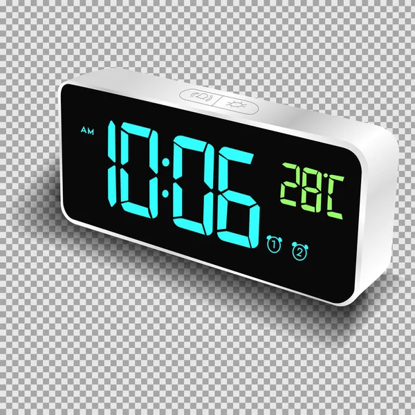 Horloge électronique, réveil avec chiffres lumineux. Objet vectoriel isolé sur fond transparent . — Image vectorielle