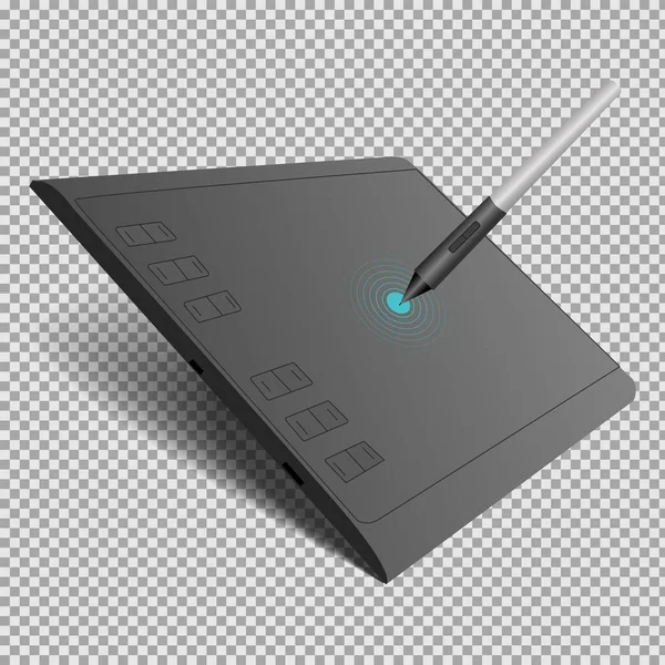 Grafická tableta v černé barvě s perem na průhledném pozadí. Izolovaná vektorová ilustrace — Stockový vektor
