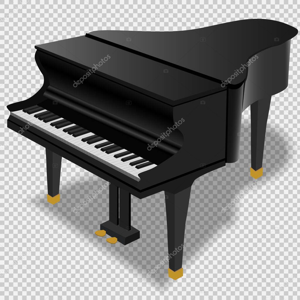 Black grand piano on a transparent background. Realistic isolated vector object.