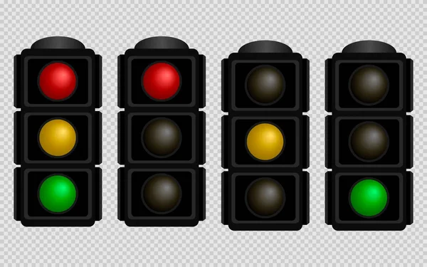 Sinal de trânsito. Conjunto de semáforos com cor vermelha, amarela e verde sobre um fundo transparente. Ilustração vetorial isolada. EPS 10 — Vetor de Stock