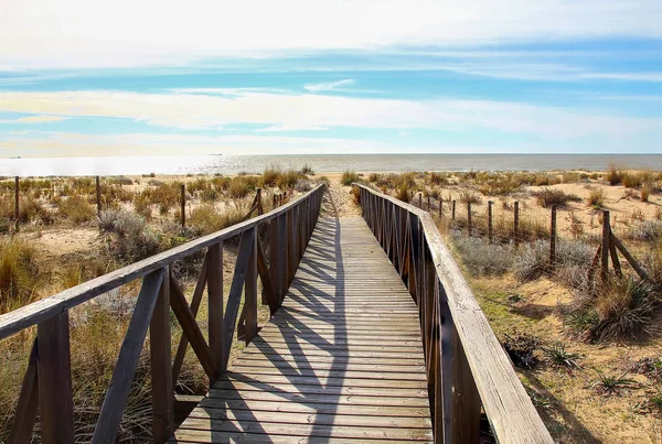 Dřevěný Chodník Nad Písečnými Dunami Pláži Pláž Stáž Destinaci Huelva — Stock fotografie