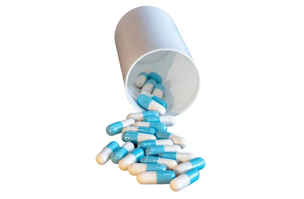Modrobílé Pilulky Vylévání Lahvičky Pilulkami Izolované Bílém Pozadí — Stock fotografie