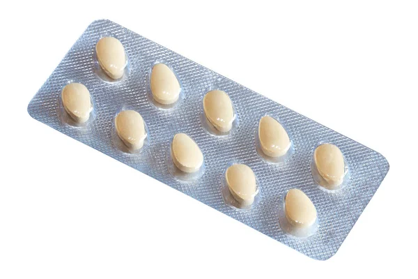 Blistr Hnědé Pilulky Izolované Bílém Pozadí — Stock fotografie