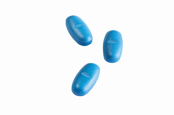 Vista Três Comprimidos Azuis Sobre Fundo Branco — Fotografia de Stock