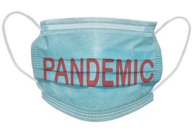 Plastik kulaklıklı cerrahi maske. Tipik 3 katlı cerrahi maske. Ağzı ve burnu Pandemic yazısıyla kaplıyor.