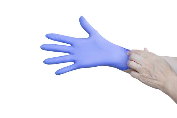 Handen Dragen Een Blauwe Latex Handschoen Witte Achtergrond — Stockfoto
