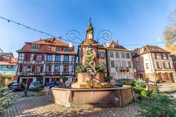 Fuente Ribeauville Con Decoración Navideña Alsacia Francia Europa — Foto de Stock