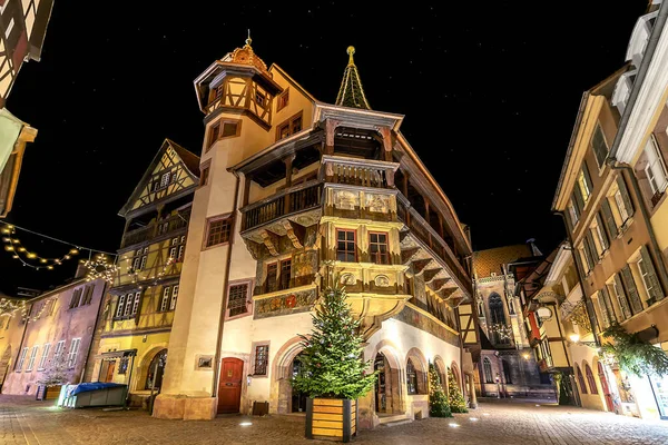 Traditional Alsatian Half Timbered House Old Town Colmar Decorated Illuminated — стоковое фото