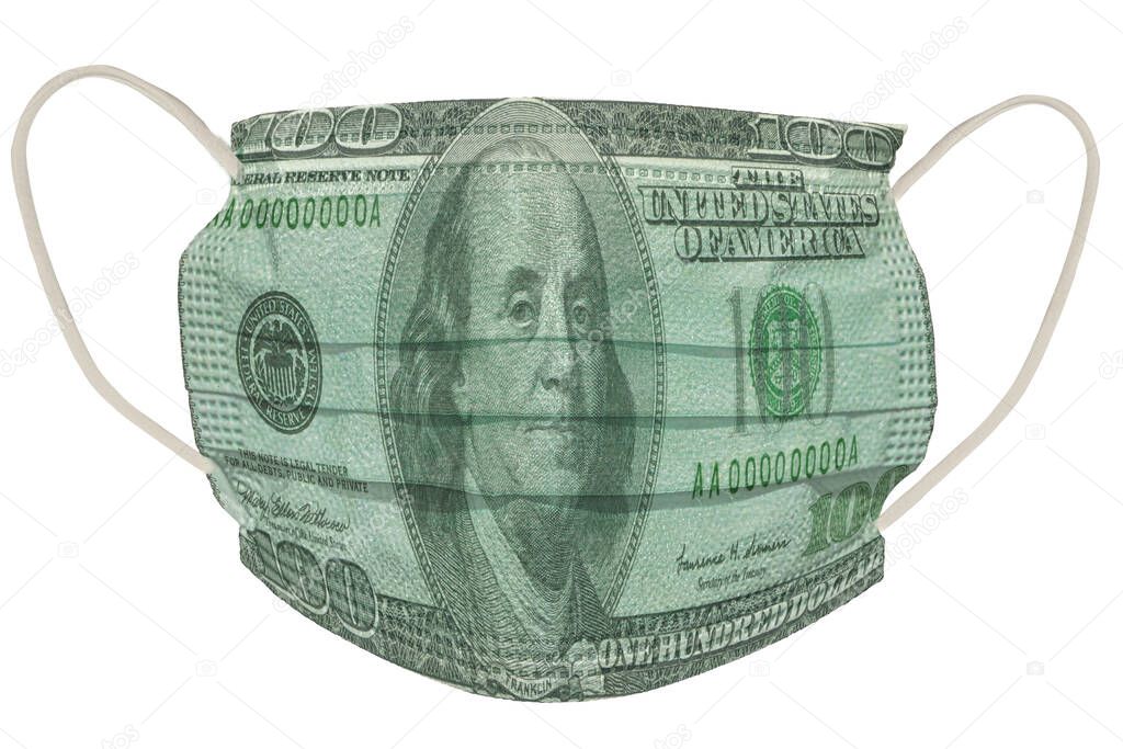 Medical mask with one hundred dollar bill engraved