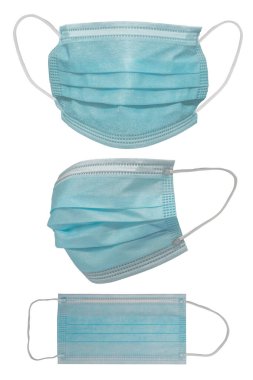 Plastik kulaklıklı cerrahi maske. Ağız ve burnu örtmek için tipik 3 katlı cerrahi maske. Bakterilerin prosedür maskesi. Koruma kavramı.