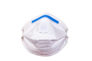 View of Disposable Respirator Mask FFP3 R D, respiratory protection against Covid-19, particles, mists, odors, acid gases. Fine dust medical mask FFP 3 with breathing valve clipart