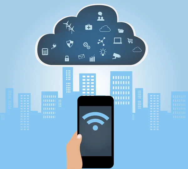 SmartPhone conectado a la nube con aplicaciones de Internet de las cosas — Vector de stock