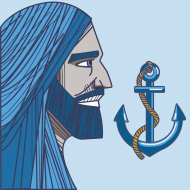 Sakallı, uzun saçlı, mavi arka planda çapalı bir erkek denizci..