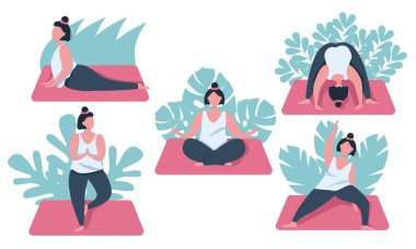 Yoga çalışan kız seti. Yoga yapan kadınlar. Isınıyorum, geriniyorum. Vektör çizimi. Pembe, mavi.