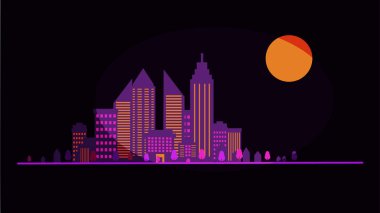 Turuncu ayın altında neon ışıklı bir gece şehri. Retro biçimi.