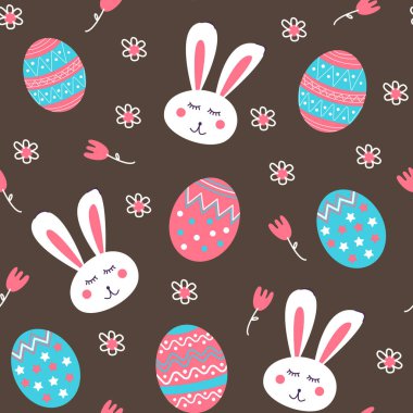 Güzel beyaz tavşan ve yumurtalı mutlu paskalya desenleri. Kusursuz desen.