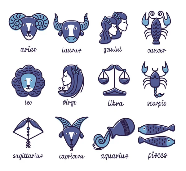 Sinais do zodíaco, simples ilustração vetorial plana, conjunto de ícones de contorno — Vetor de Stock