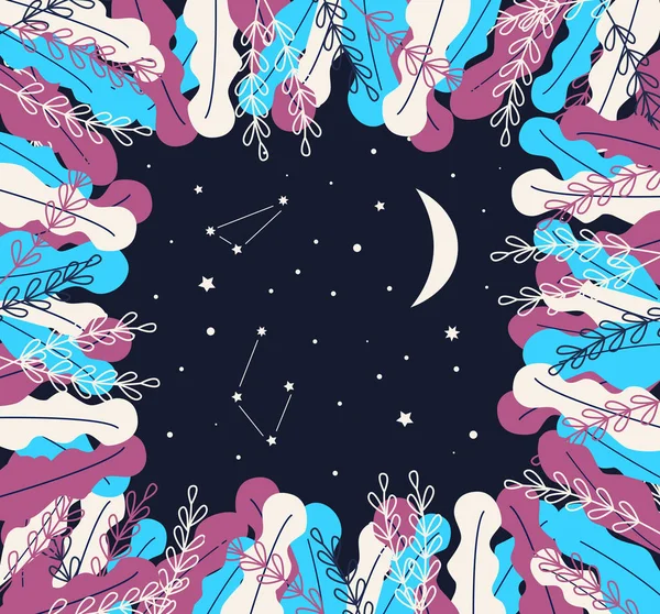 Ilustración vectorial en estilo plano de moda y colores brillantes - fondo con plantas, hojas, cielo nocturno, estrellas — Vector de stock